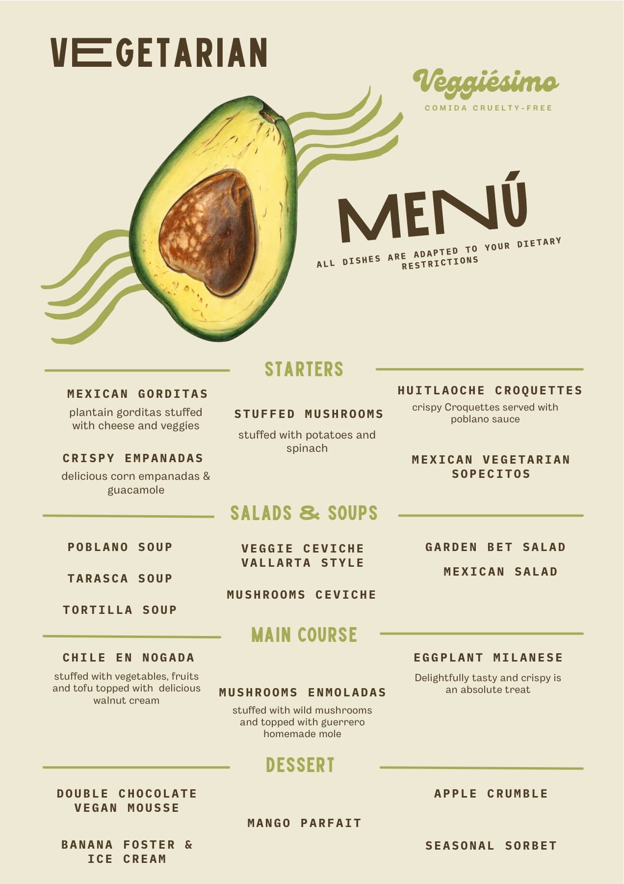 Casa La Playa vegetarian menu: starters, salads and soups, main courses and desserts